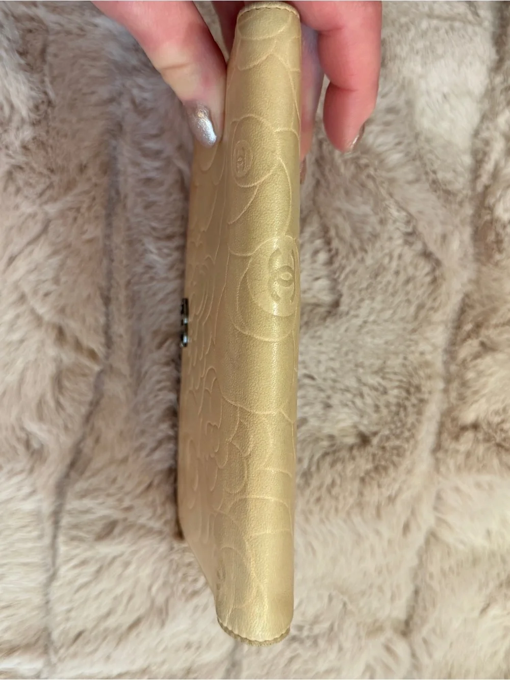 CHANEL Beige Camellia Embossed Leather Wallet with Gold CC